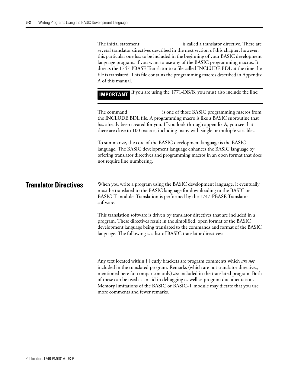 Translator directives, Translator directives -2 | Rockwell Automation 1747-PBASE BASIC Development Software Programming Manual User Manual | Page 74 / 144