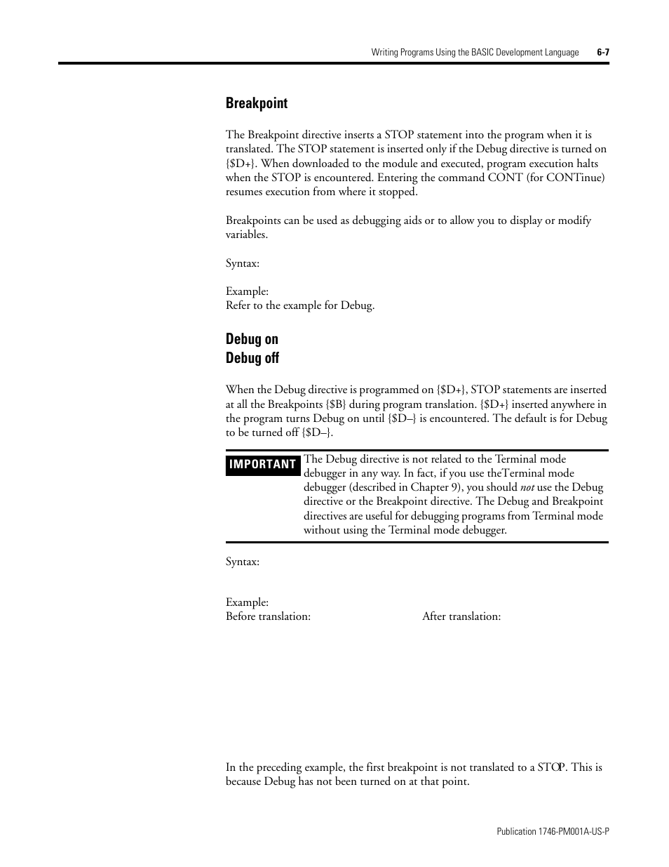 Breakpoint -7 debug on debug off -7, Breakpoint, Debug on debug off | Rockwell Automation 1747-PBASE BASIC Development Software Programming Manual User Manual | Page 79 / 144