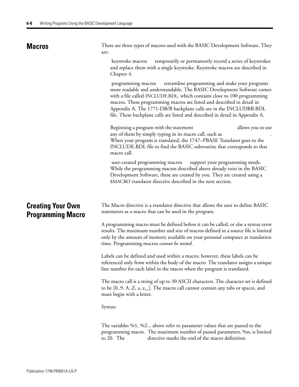 Macros, Creating your own programming macro, Macros -8 creating your own programming macro -8 | Rockwell Automation 1747-PBASE BASIC Development Software Programming Manual User Manual | Page 80 / 144