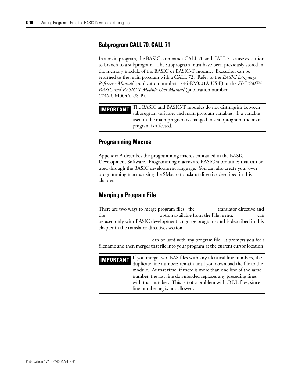 Subprogram call 70, call 71, Programming macros, Merging a program file | Rockwell Automation 1747-PBASE BASIC Development Software Programming Manual User Manual | Page 82 / 144