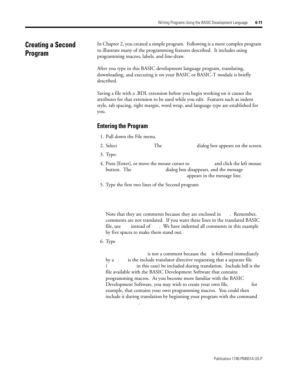 Creating a second program, Creating a second program -11, Entering the program -11 | Entering the program | Rockwell Automation 1747-PBASE BASIC Development Software Programming Manual User Manual | Page 83 / 144