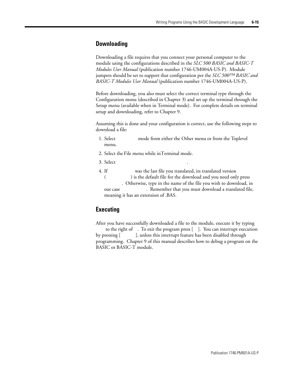 Downloading -15 executing -15, Downloading, Executing | Rockwell Automation 1747-PBASE BASIC Development Software Programming Manual User Manual | Page 87 / 144