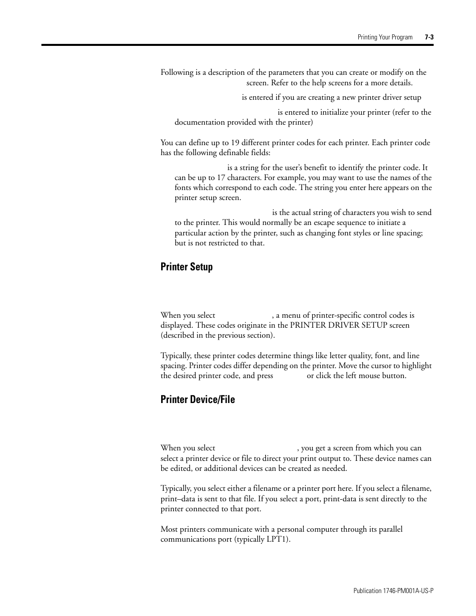 Printer setup -3 printer device/file -3, Printer setup, Printer device/file | Rockwell Automation 1747-PBASE BASIC Development Software Programming Manual User Manual | Page 91 / 144