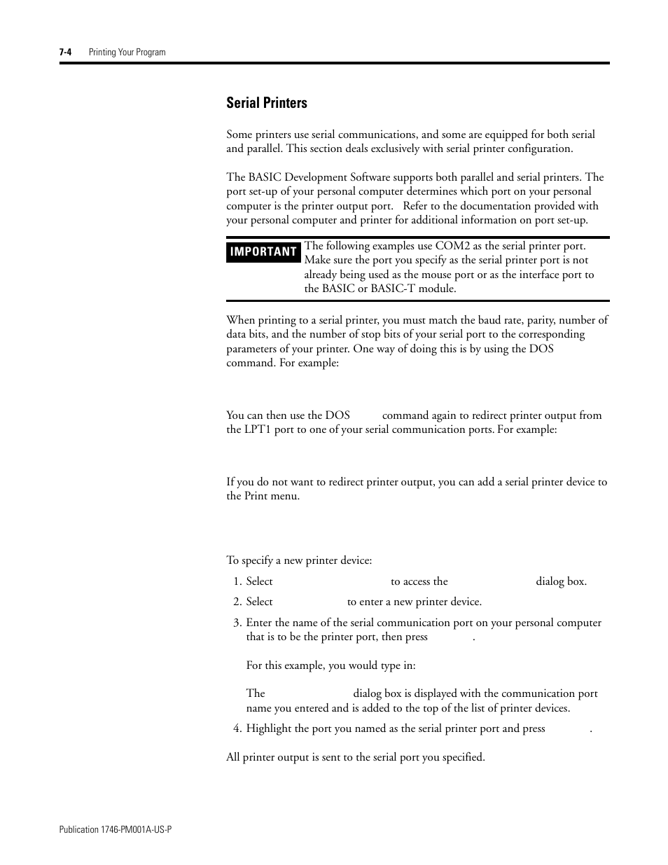 Serial printers -4, Serial printers | Rockwell Automation 1747-PBASE BASIC Development Software Programming Manual User Manual | Page 92 / 144
