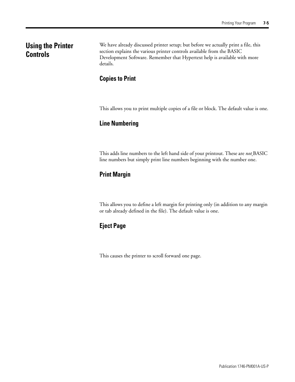 Using the printer controls, Using the printer controls -5, Copies to print | Line numbering, Print margin, Eject page | Rockwell Automation 1747-PBASE BASIC Development Software Programming Manual User Manual | Page 93 / 144