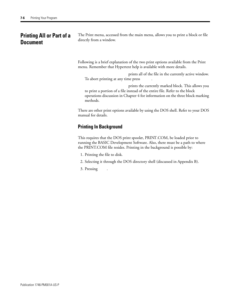 Printing all or part of a document, Printing all or part of a document -6, Printing in background -6 | Printing in background | Rockwell Automation 1747-PBASE BASIC Development Software Programming Manual User Manual | Page 94 / 144