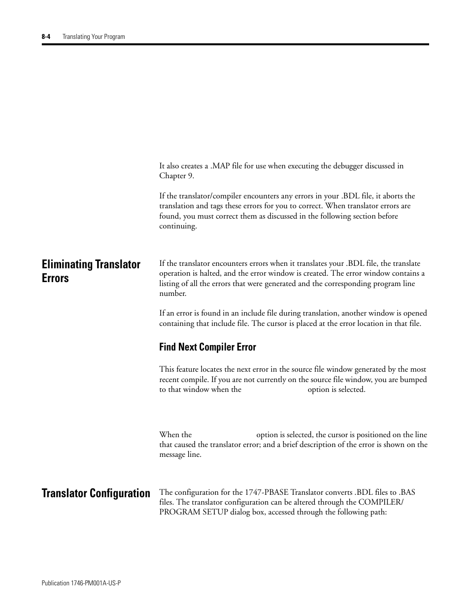 Eliminating translator errors, Translator configuration, Eliminating translator errors -4 | Find next compiler error -4, Find next compiler error | Rockwell Automation 1747-PBASE BASIC Development Software Programming Manual User Manual | Page 98 / 144