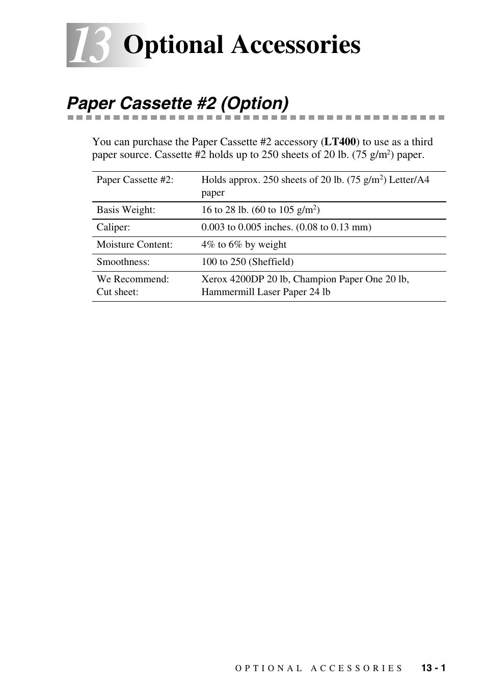 13 optional accessories, Paper cassette #2 (option), Optional accessories -1 | Paper cassette #2 (option) -1, Optional accessories | Brother DCP-1400 User Manual | Page 109 / 147