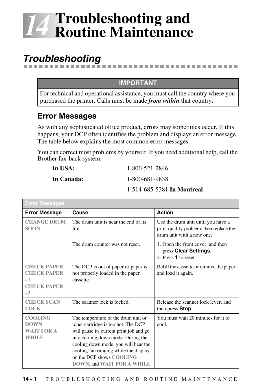 14 troubleshooting and routine maintenance, Troubleshooting, Error messages | Troubleshooting and routine maintenance -1, Troubleshooting -1, Error messages -1, Troubleshooting and routine maintenance | Brother DCP-1400 User Manual | Page 110 / 147