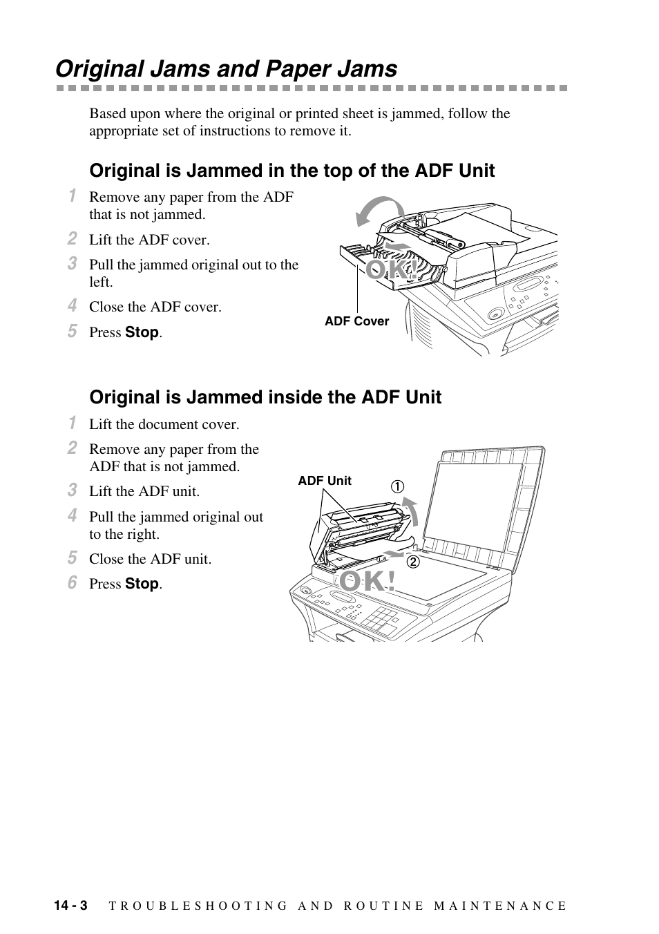 Original jams and paper jams, Original is jammed in the top of the adf unit, Original is jammed inside the adf unit | Original jams and paper jams -3 | Brother DCP-1400 User Manual | Page 112 / 147