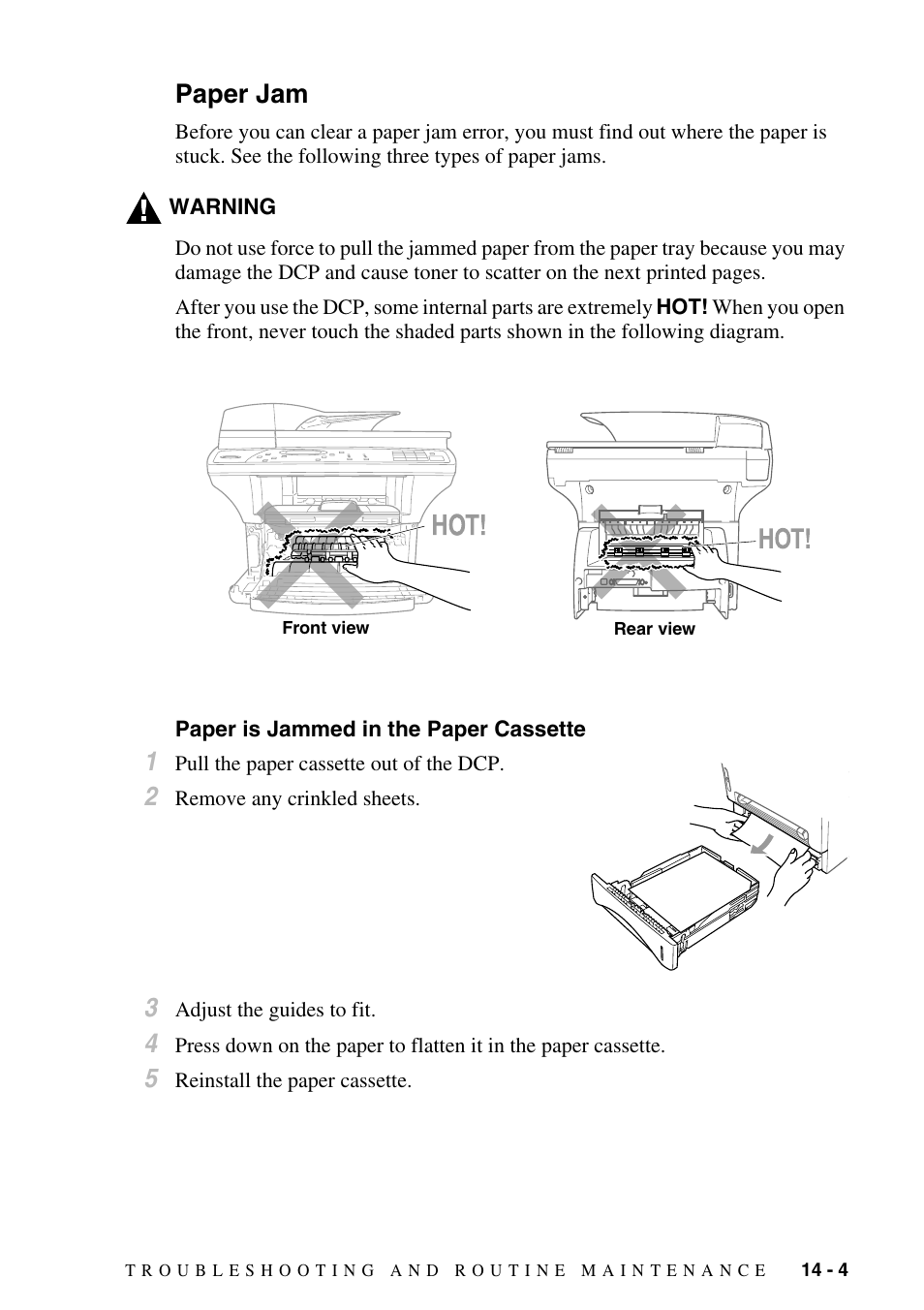 Paper jam, Paper is jammed in the paper cassette, Paper jam -4 | Paper is jammed in the paper cassette -4, Paper is jammed in the paper, Cassette | Brother DCP-1400 User Manual | Page 113 / 147