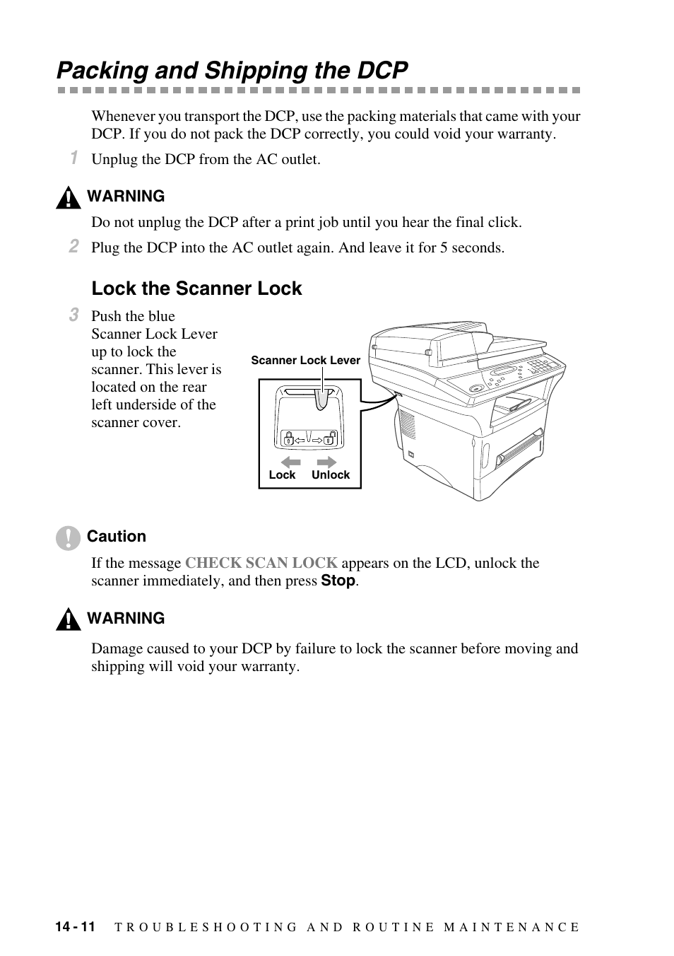 Packing and shipping the dcp, Lock the scanner lock, Packing and shipping the dcp -11 | Lock the scanner lock -11, Lock the scanner lock 3 | Brother DCP-1400 User Manual | Page 120 / 147