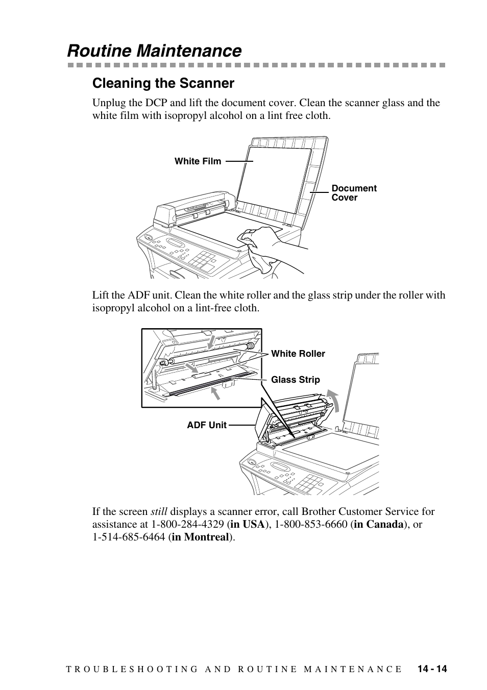 Routine maintenance, Cleaning the scanner, Routine maintenance -14 | Cleaning the scanner -14, Soft cloth. (see routine maintenance and, Drum unit. (see routine maintenance, S interior. (see routine maintenance and, Terminals referring to routine maintenance and | Brother DCP-1400 User Manual | Page 123 / 147