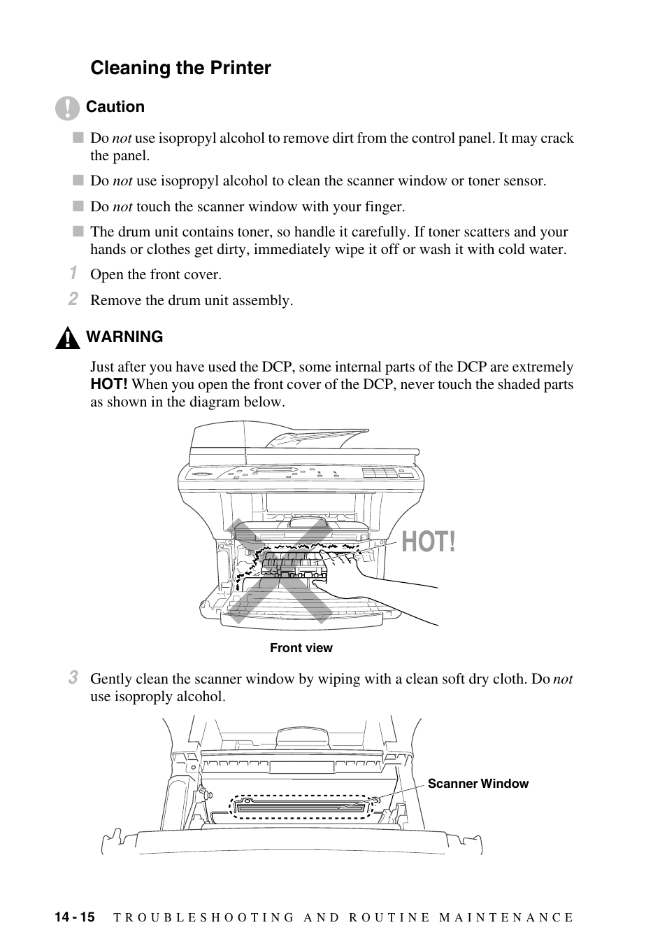 Cleaning the printer, Cleaning the printer -15 | Brother DCP-1400 User Manual | Page 124 / 147