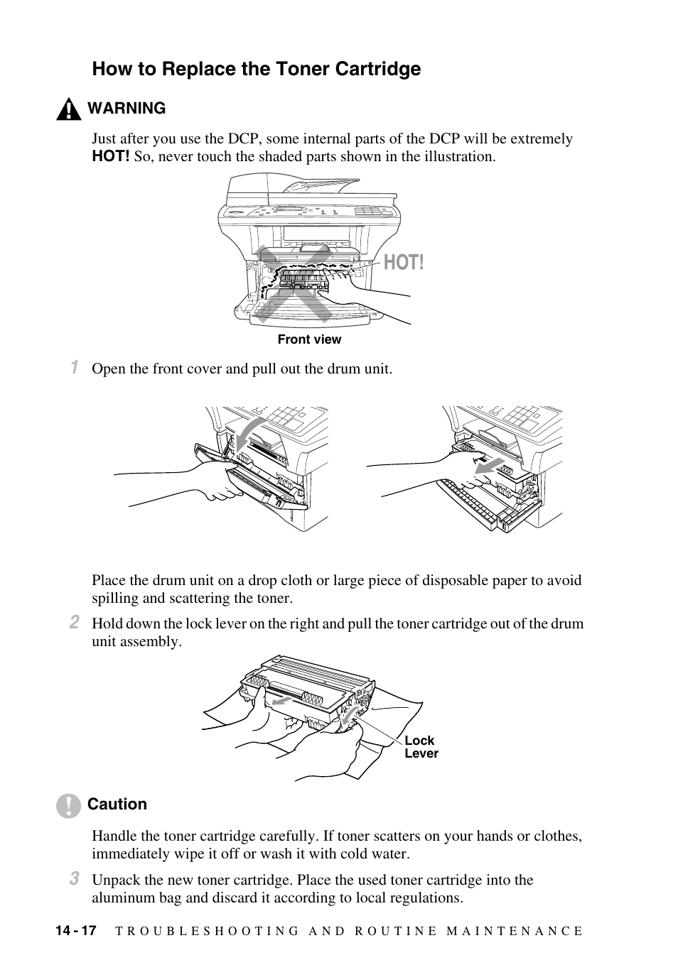 How to replace the toner cartridge, How to replace the toner cartridge -17 | Brother DCP-1400 User Manual | Page 126 / 147