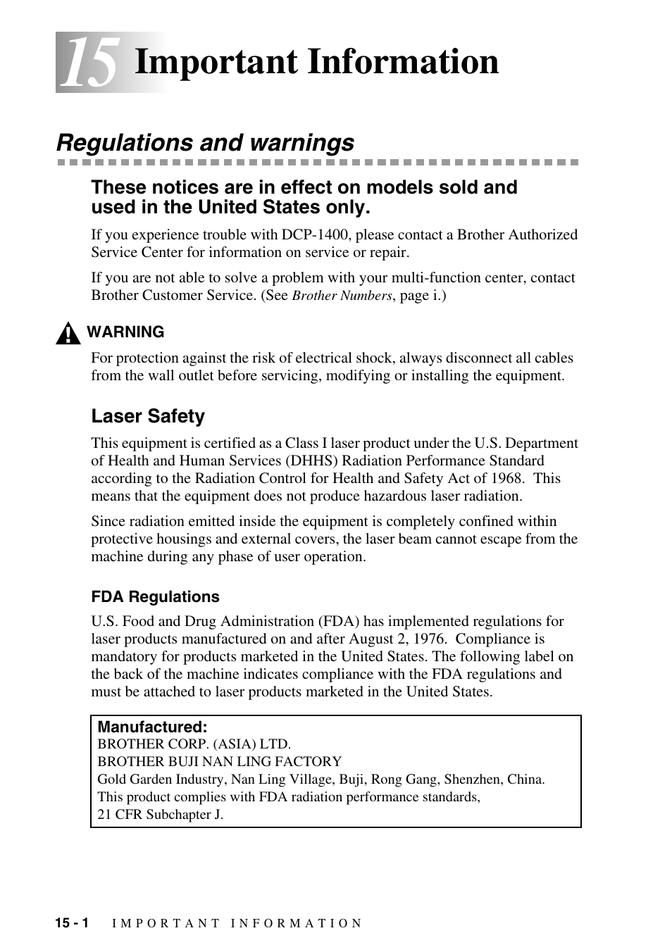 15 important information, Regulations and warnings, Laser safety | Fda regulations, Important information -1, Regulations and warnings -1, Laser safety -1, Fda regulations -1, Important information | Brother DCP-1400 User Manual | Page 130 / 147