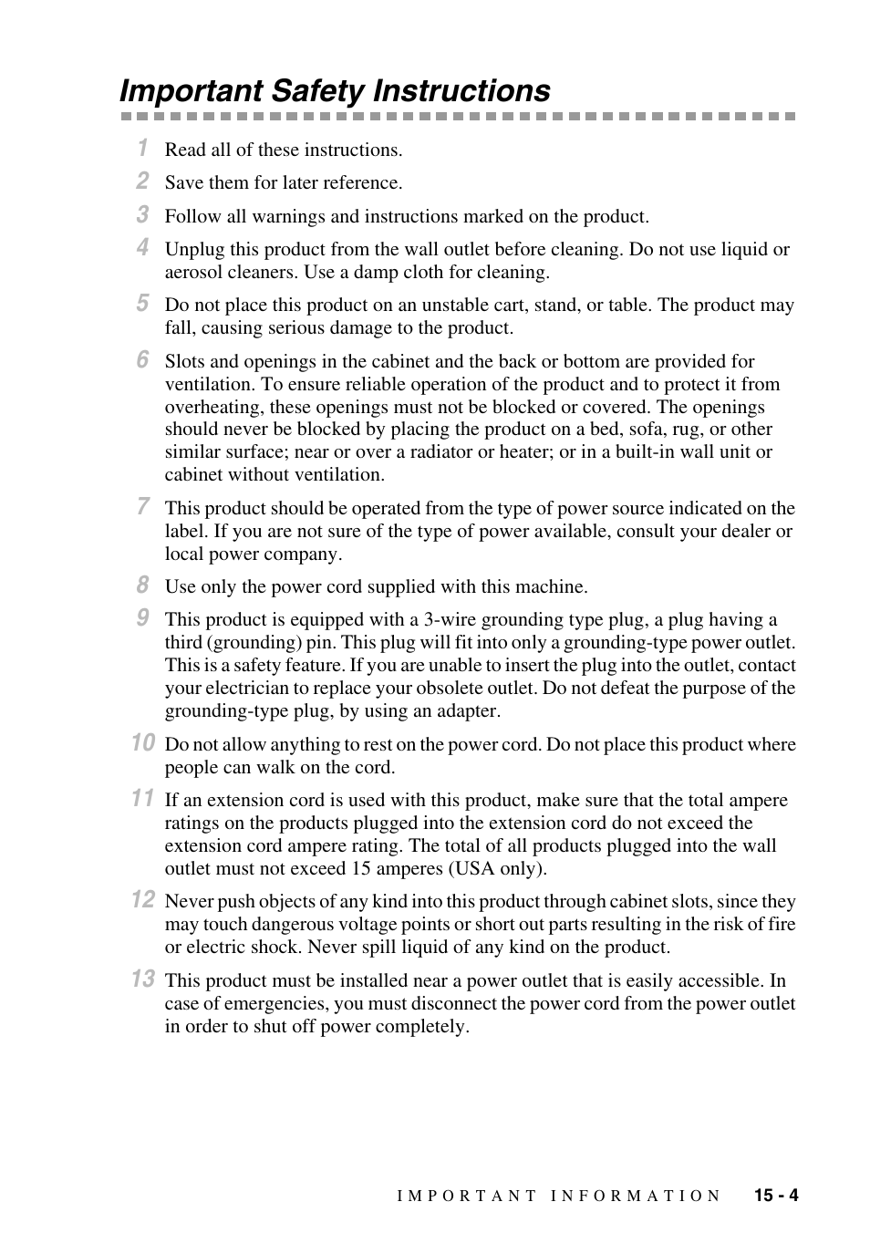 Important safety instructions, Important safety instructions -4 | Brother DCP-1400 User Manual | Page 133 / 147