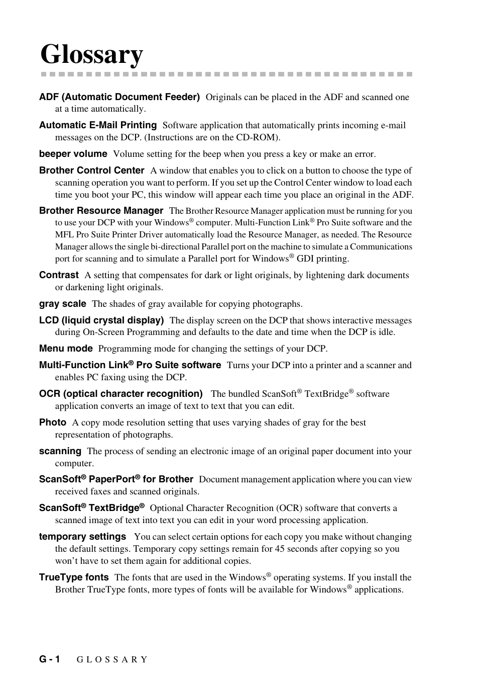 Glossary | Brother DCP-1400 User Manual | Page 136 / 147