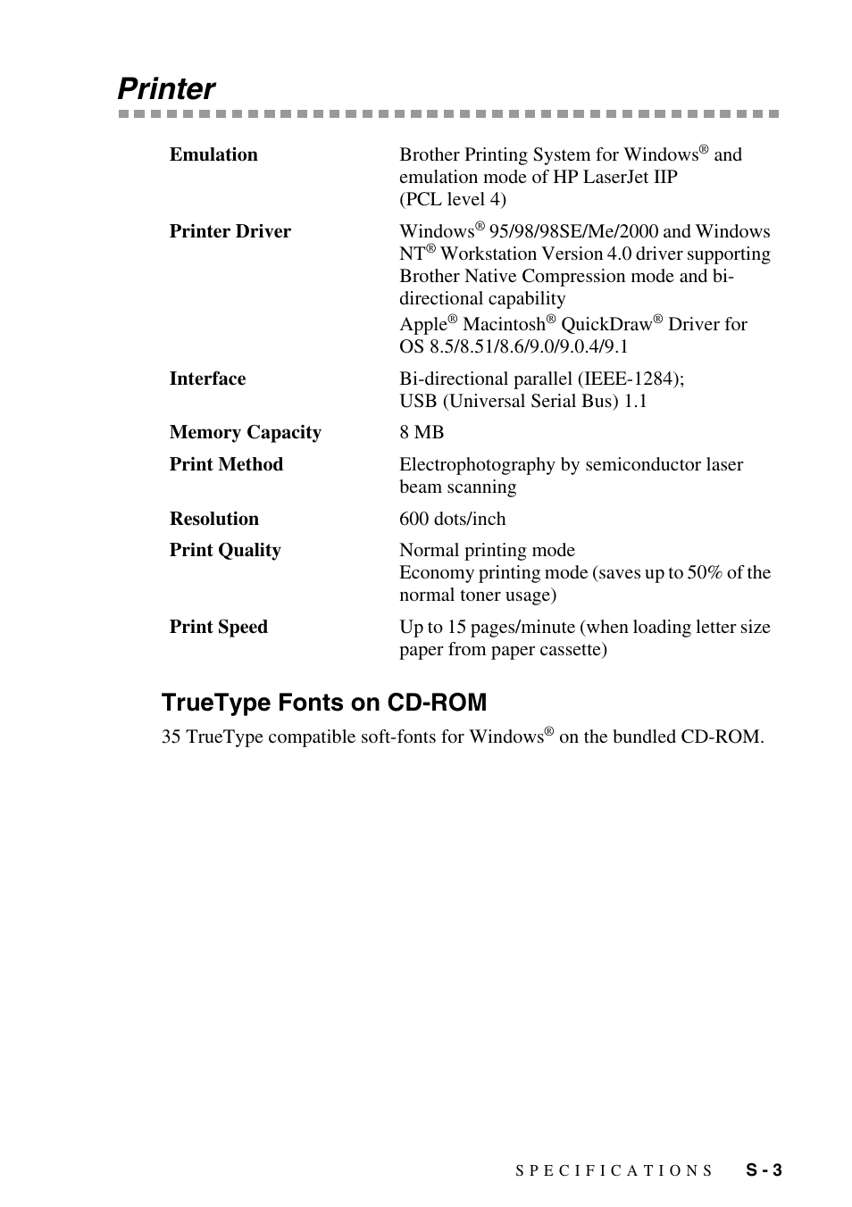 Printer, Truetype fonts on cd-rom | Brother DCP-1400 User Manual | Page 139 / 147