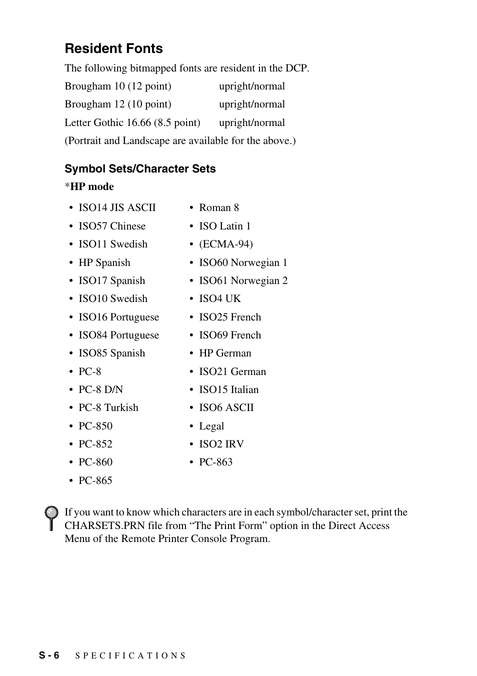 Resident fonts, Symbol sets/character sets | Brother DCP-1400 User Manual | Page 142 / 147