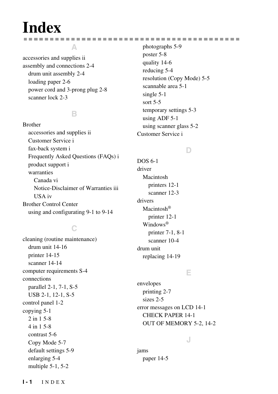 Index | Brother DCP-1400 User Manual | Page 144 / 147