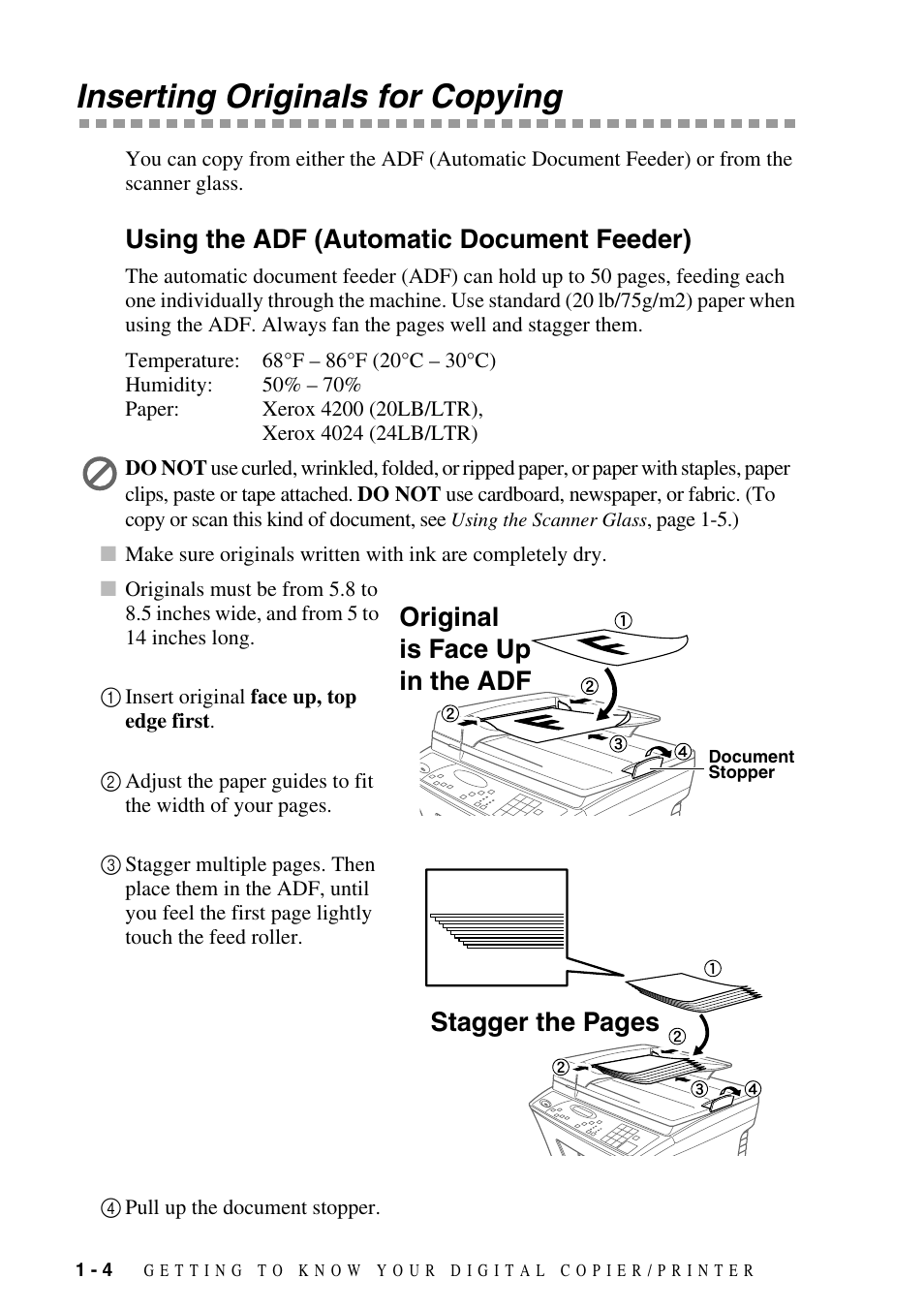 Inserting originals for copying, Using the adf (automatic document feeder), Inserting originals for copying -4 | Using the adf (automatic document feeder) -4, Original is face up in the adf stagger the pages | Brother DCP-1400 User Manual | Page 20 / 147