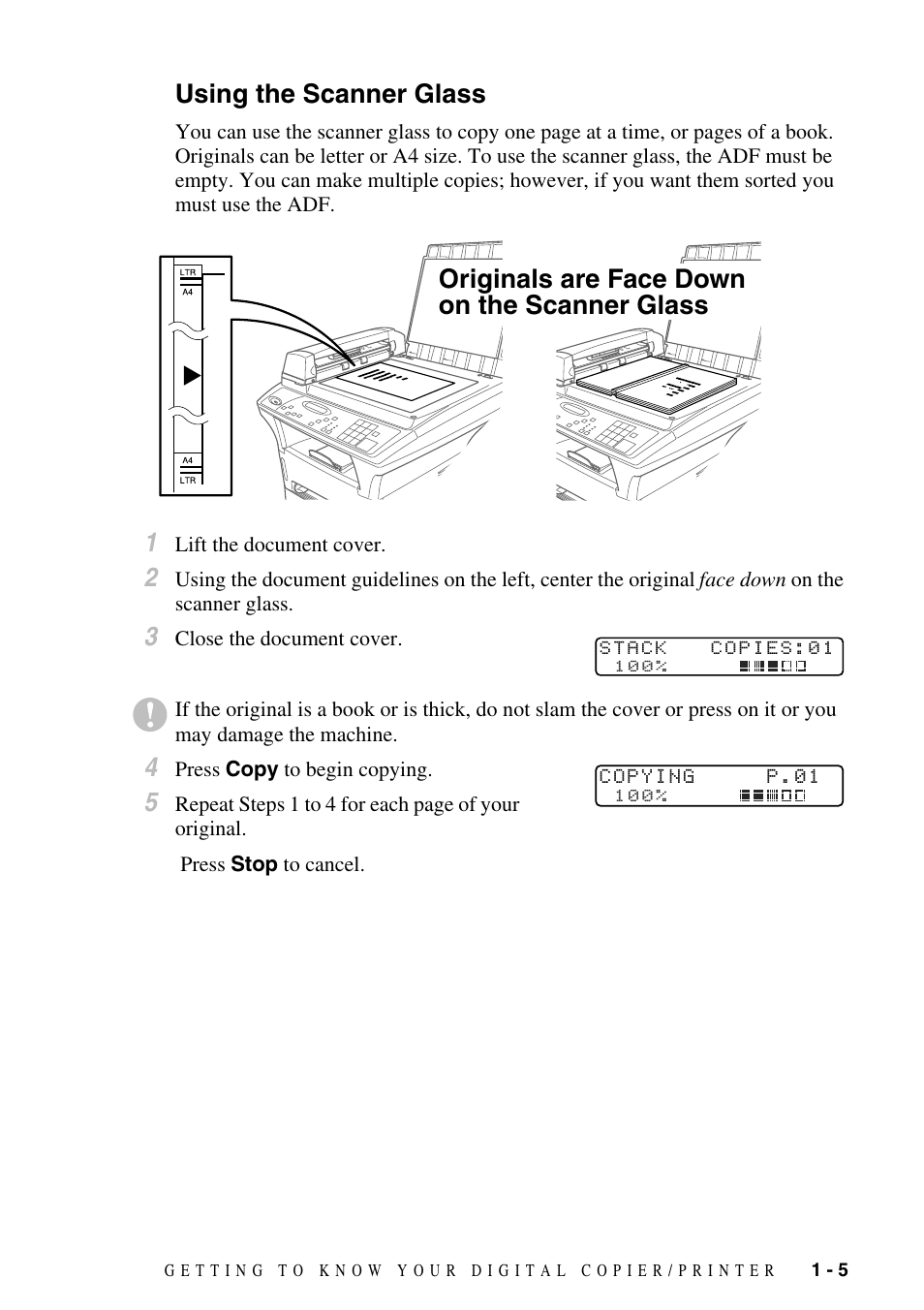 Using the scanner glass, Using the scanner glass -5, Originals are face down on the scanner glass | Brother DCP-1400 User Manual | Page 21 / 147