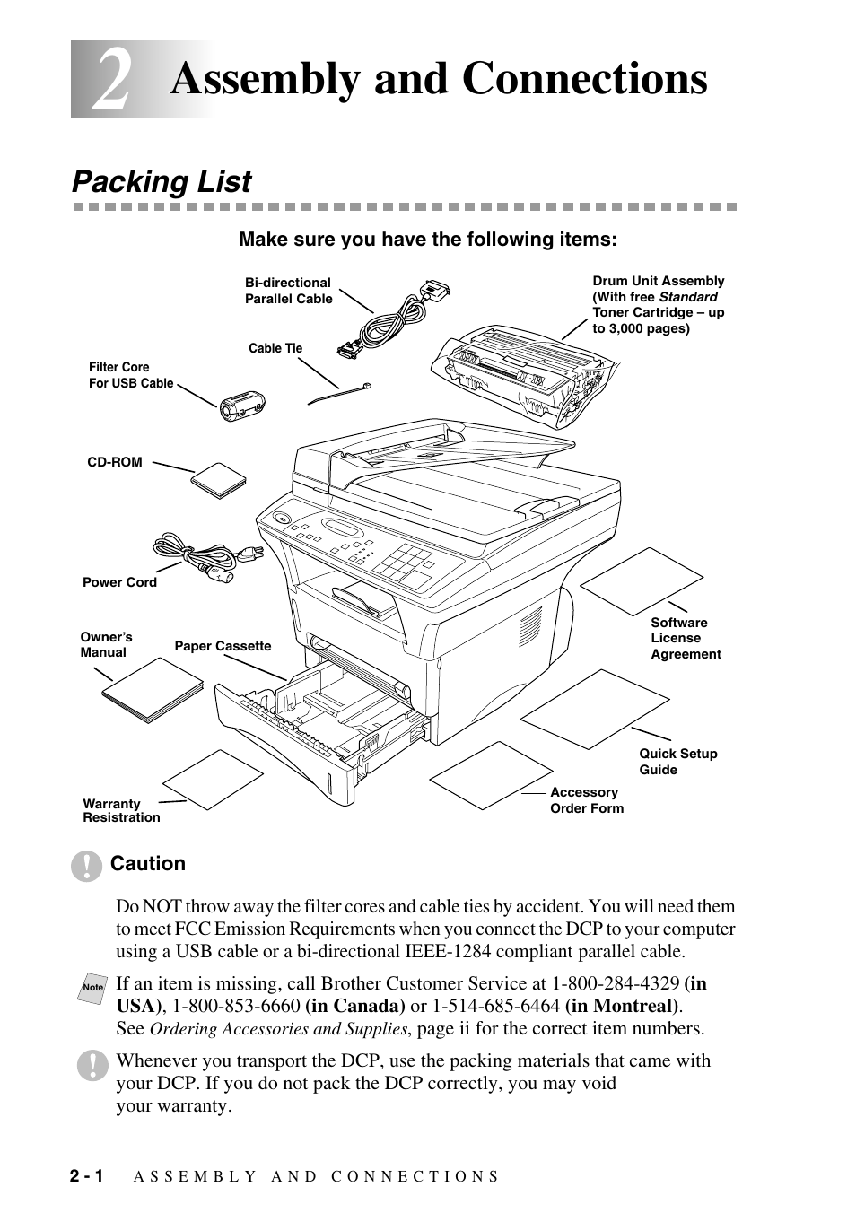 2 assembly and connections, Packing list, Assembly and connections -1 | Packing list -1, Assembly and connections | Brother DCP-1400 User Manual | Page 22 / 147