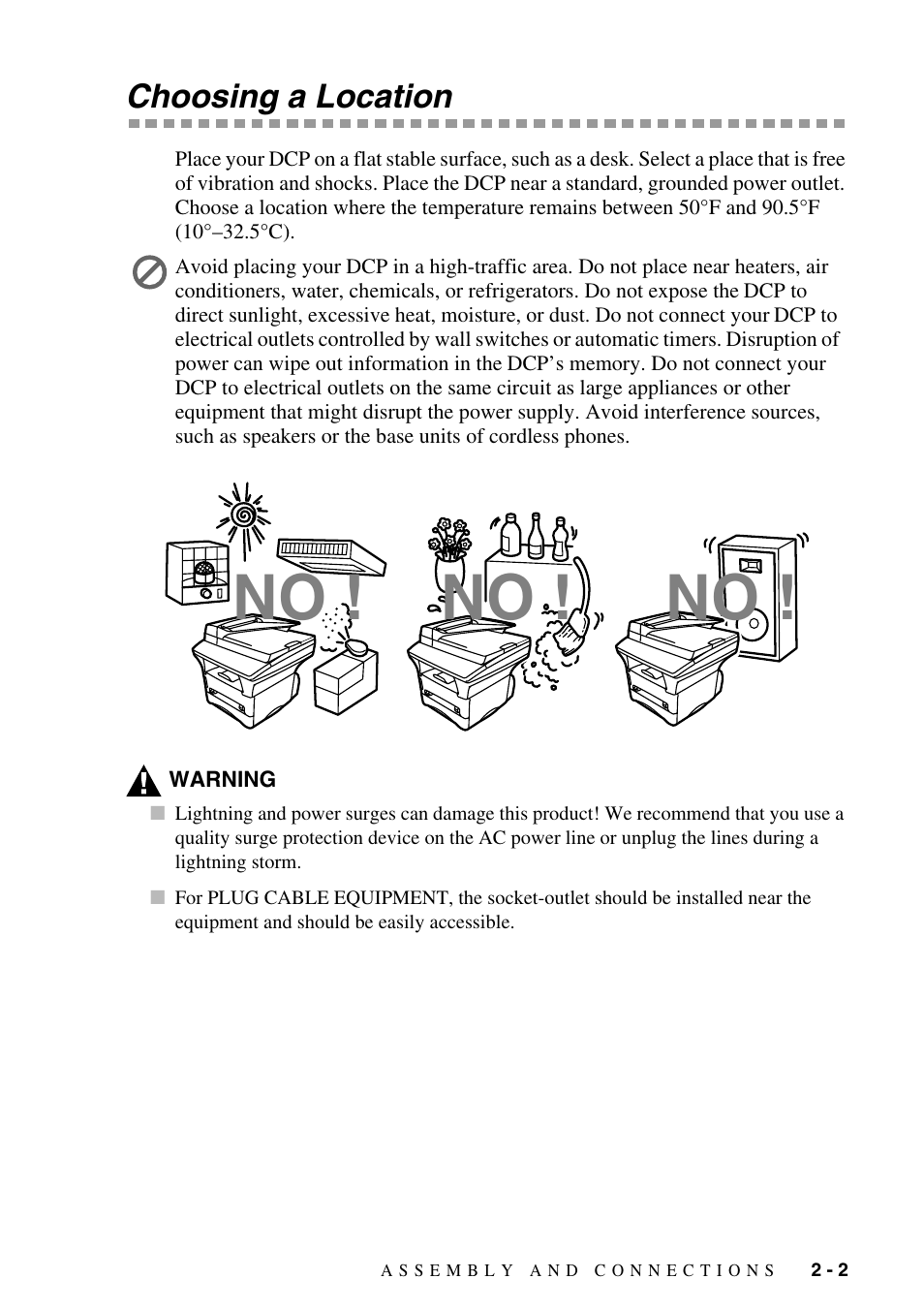 Choosing a location, Choosing a location -2 | Brother DCP-1400 User Manual | Page 23 / 147