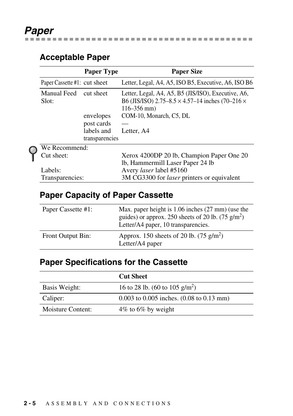 Paper, Acceptable paper, Paper capacity of paper cassette | Paper specifications for the cassette, Paper -5 | Brother DCP-1400 User Manual | Page 26 / 147