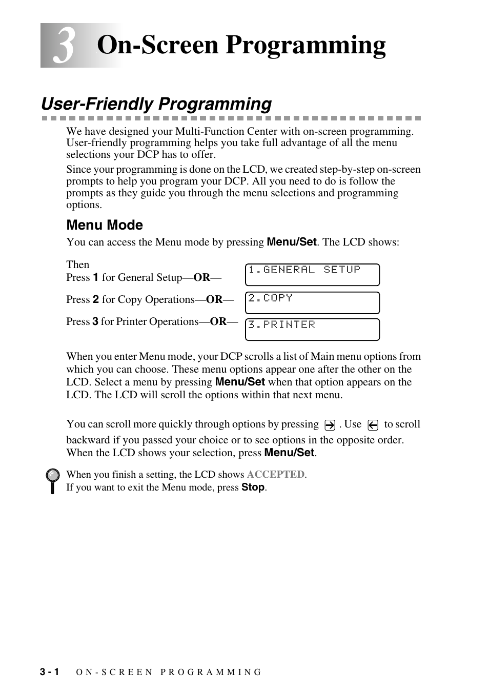 3 on-screen programming, User-friendly programming, Menu mode | On-screen programming -1, User-friendly programming -1, Menu mode -1, On-screen programming | Brother DCP-1400 User Manual | Page 30 / 147