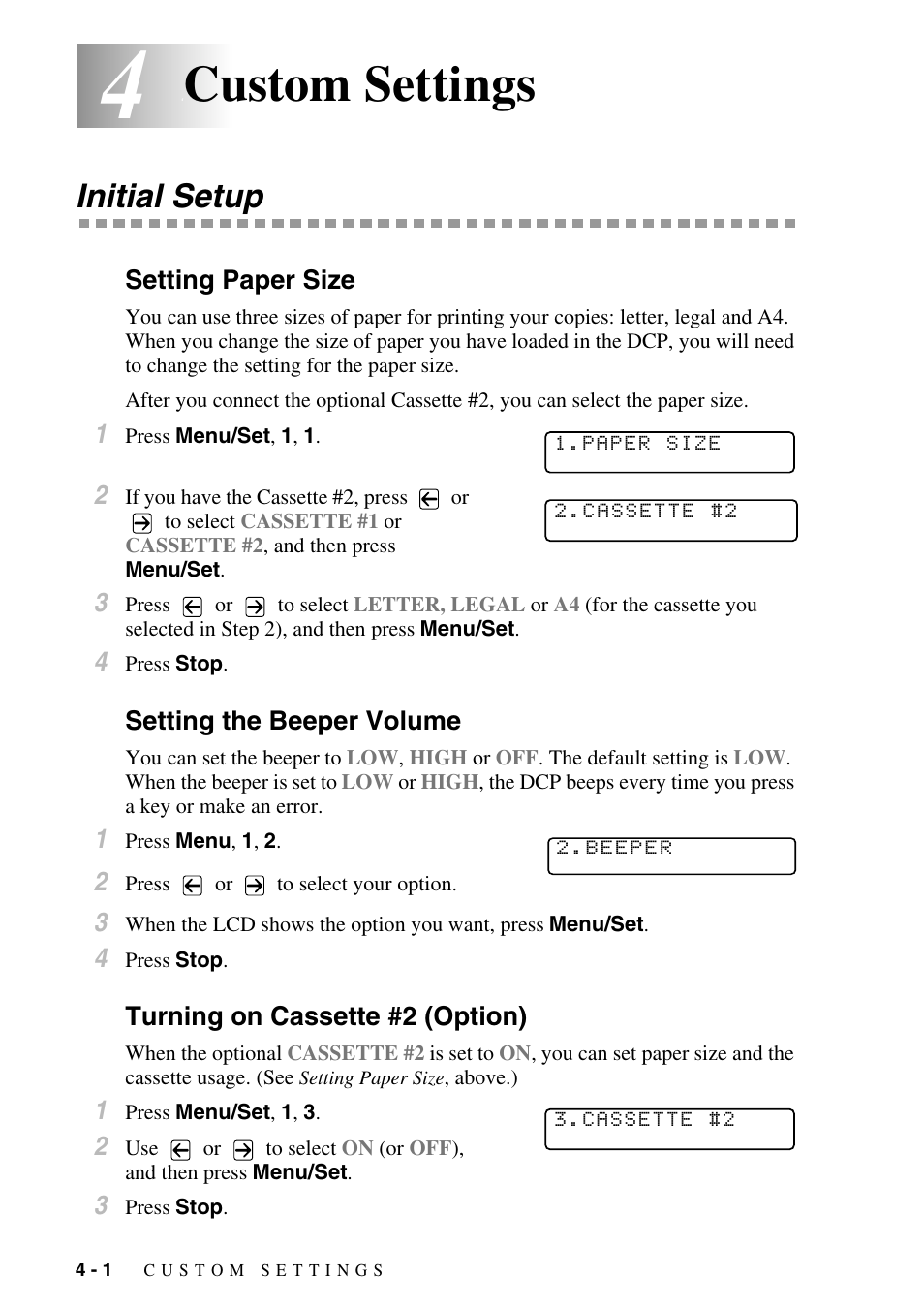 4 custom settings, Initial setup, Setting paper size | Setting the beeper volume, Turning on cassette #2 (option), Custom settings -1, Initial setup -1, Custom settings | Brother DCP-1400 User Manual | Page 34 / 147