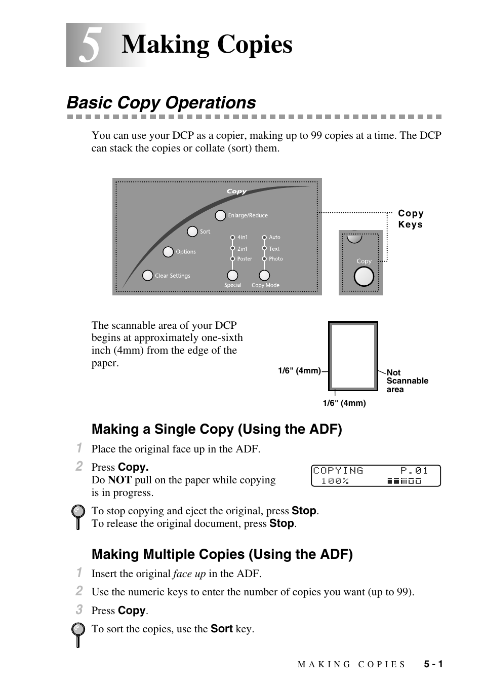 5 making copies, Basic copy operations, Making a single copy (using the adf) | Making multiple copies (using the adf), Making copies -1, Basic copy operations -1, Making copies | Brother DCP-1400 User Manual | Page 37 / 147