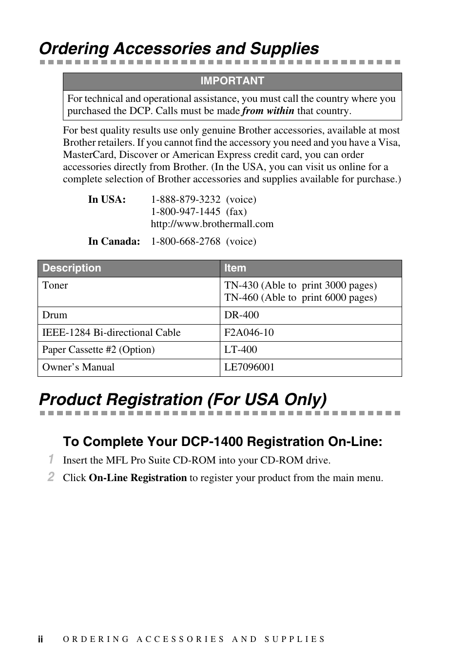 Ordering accessories and supplies, Product registration (for usa only), To complete your dcp-1400 registration on-line | Brother DCP-1400 User Manual | Page 4 / 147