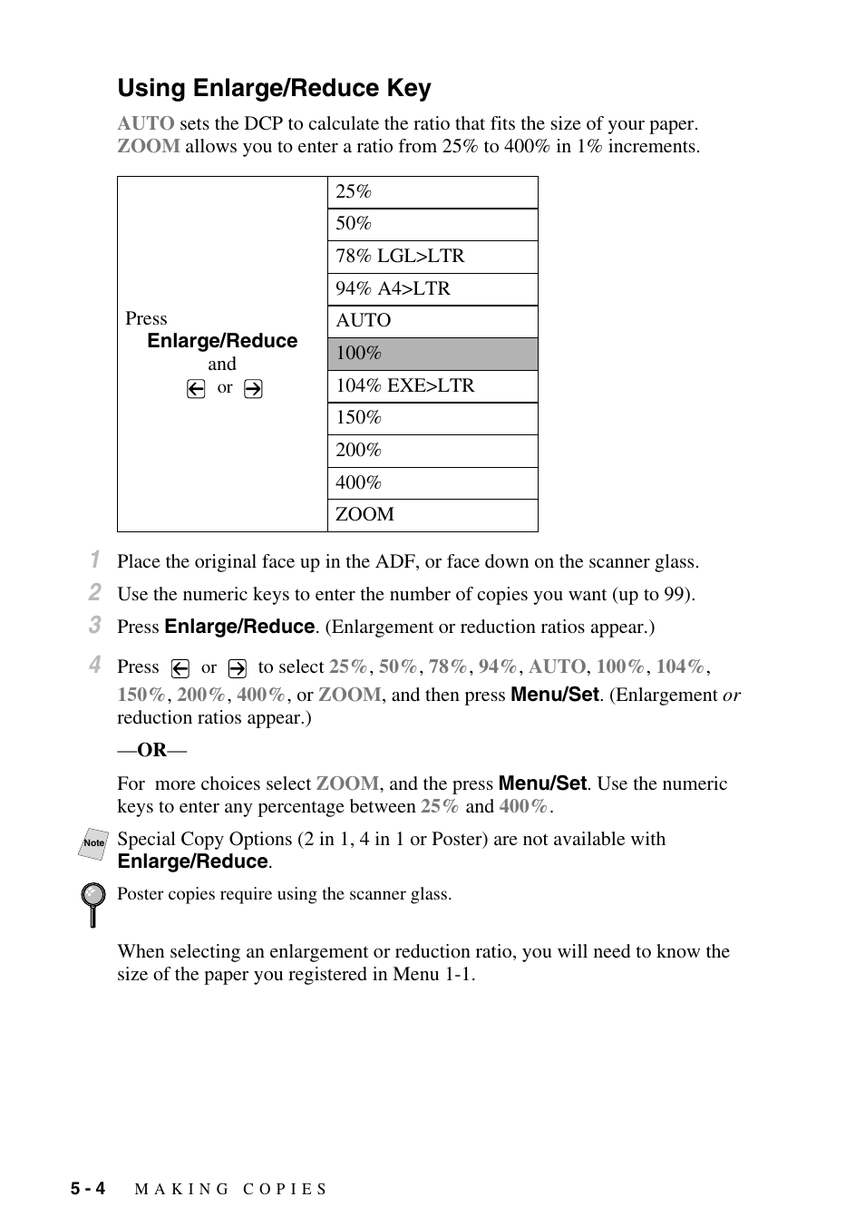 Using enlarge/reduce key, Using enlarge/reduce key -4 | Brother DCP-1400 User Manual | Page 40 / 147