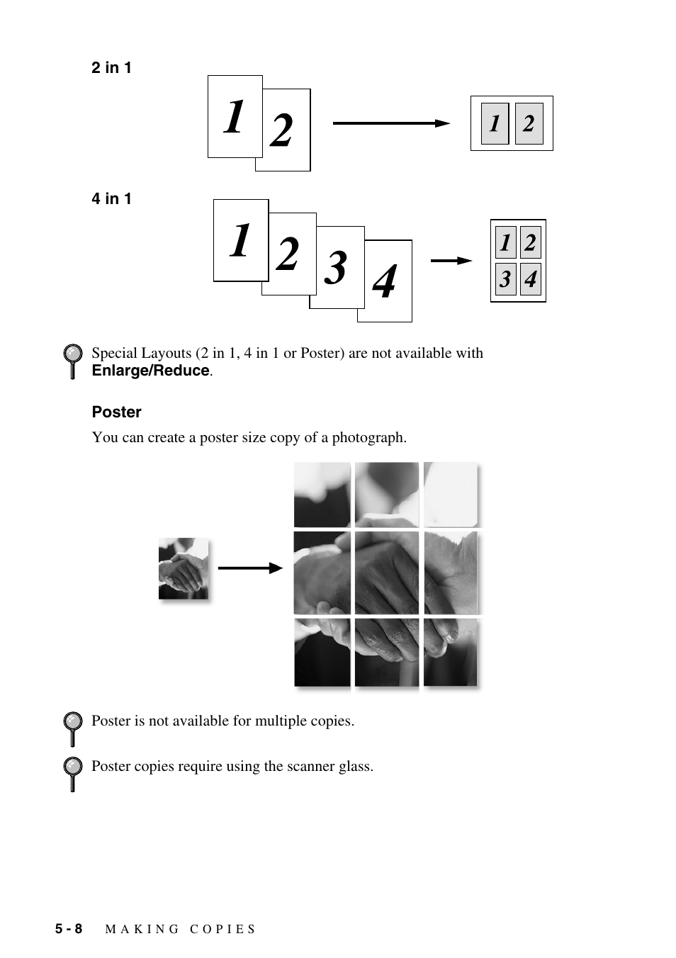 2 in 1, 4 in 1, Poster | 2 in 1 -8 4 in 1 -8 poster -8 | Brother DCP-1400 User Manual | Page 44 / 147