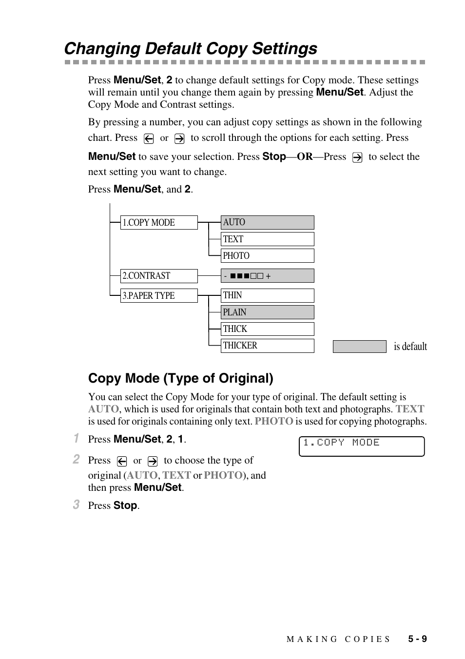 Changing default copy settings, Copy mode (type of original), Changing default copy settings -9 | Copy mode (type of original) -9 | Brother DCP-1400 User Manual | Page 45 / 147