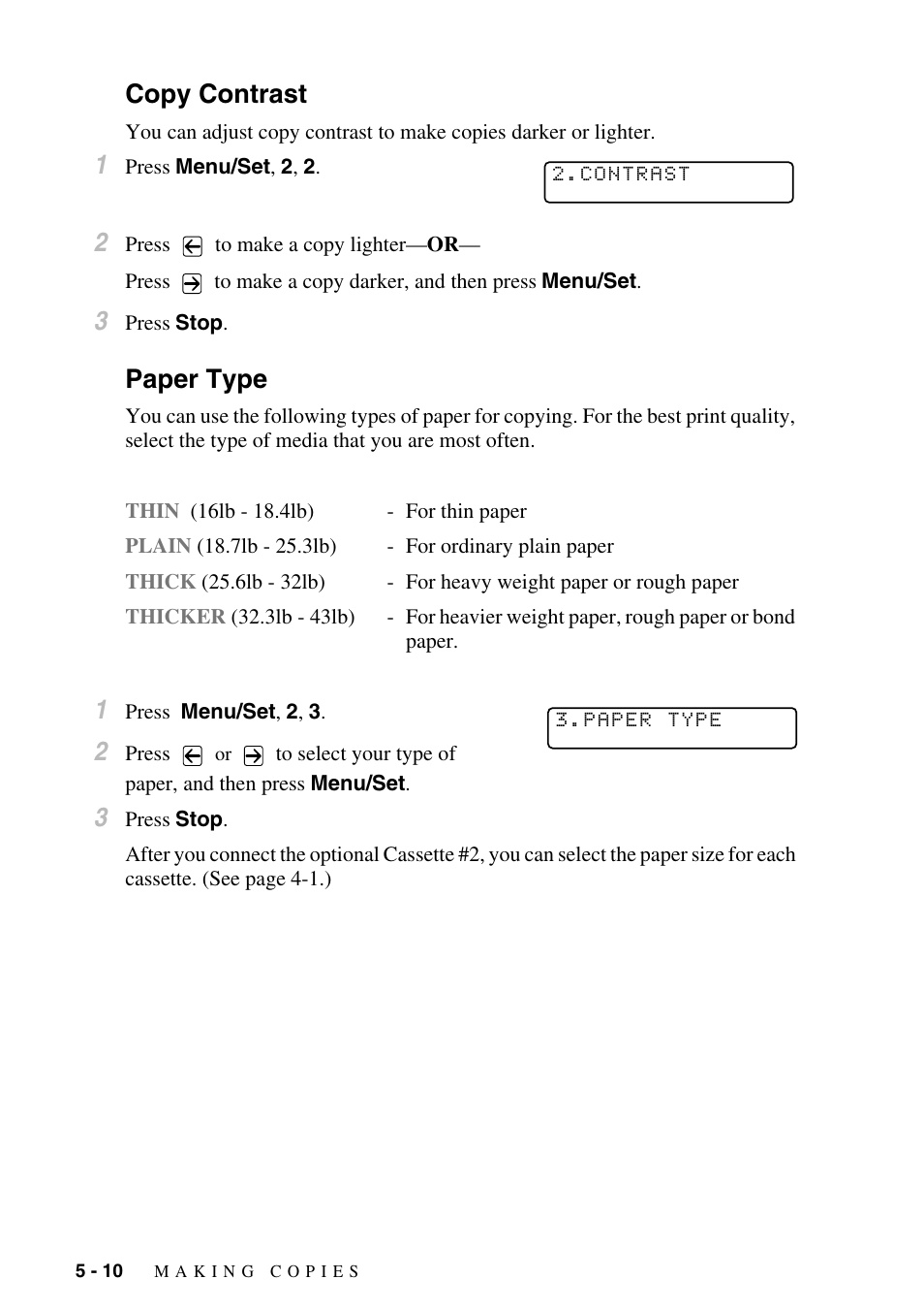 Copy contrast, Paper type, Copy contrast -10 paper type -10 | Brother DCP-1400 User Manual | Page 46 / 147