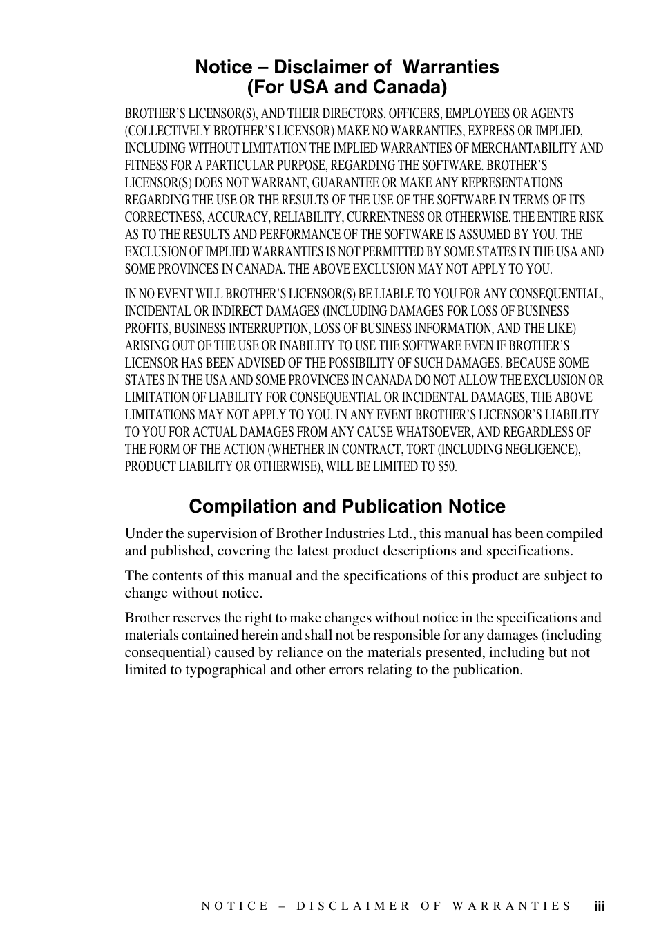 Compilation and publication notice | Brother DCP-1400 User Manual | Page 5 / 147
