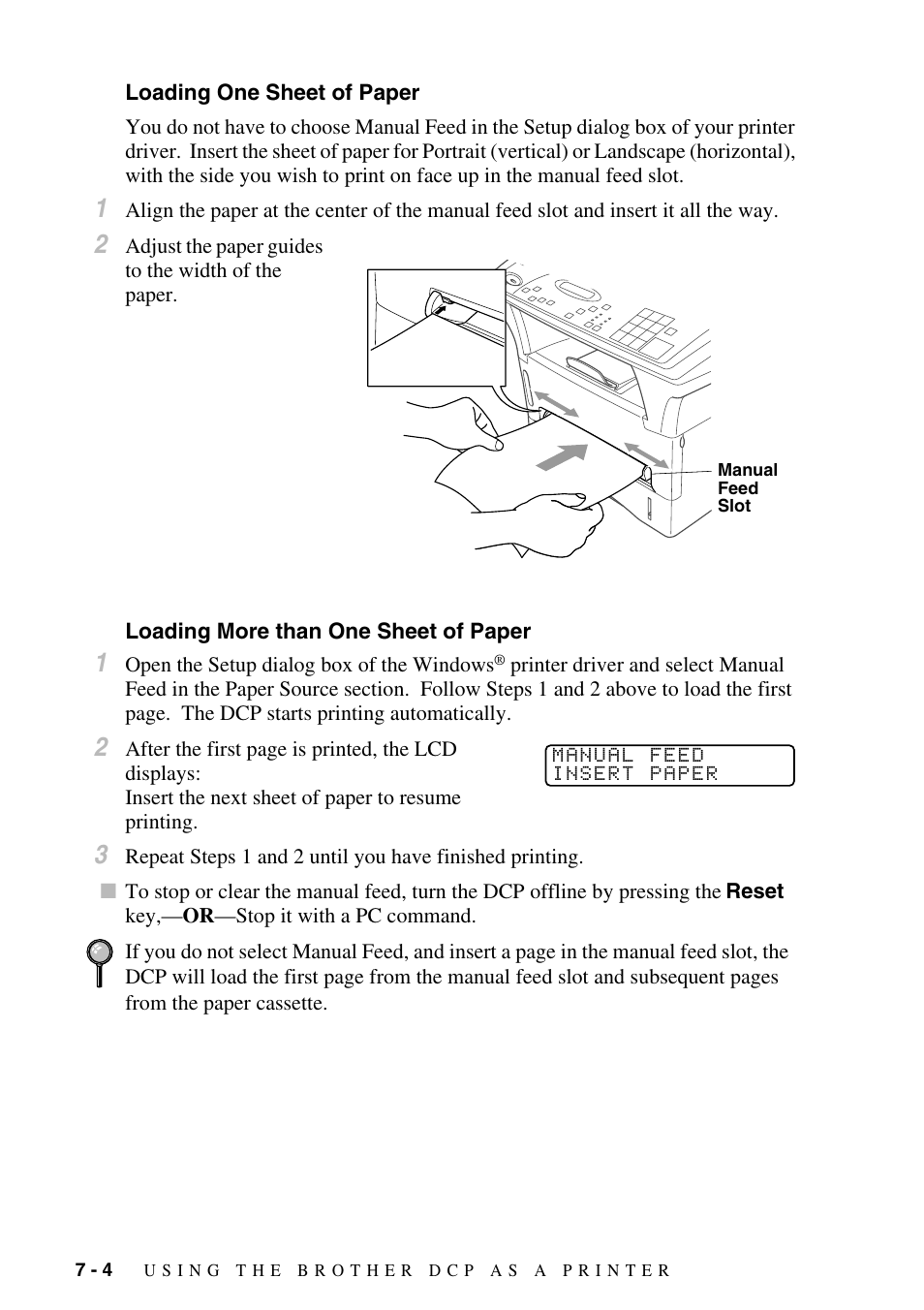 Loading one sheet of paper, Loading more than one sheet of paper | Brother DCP-1400 User Manual | Page 56 / 147