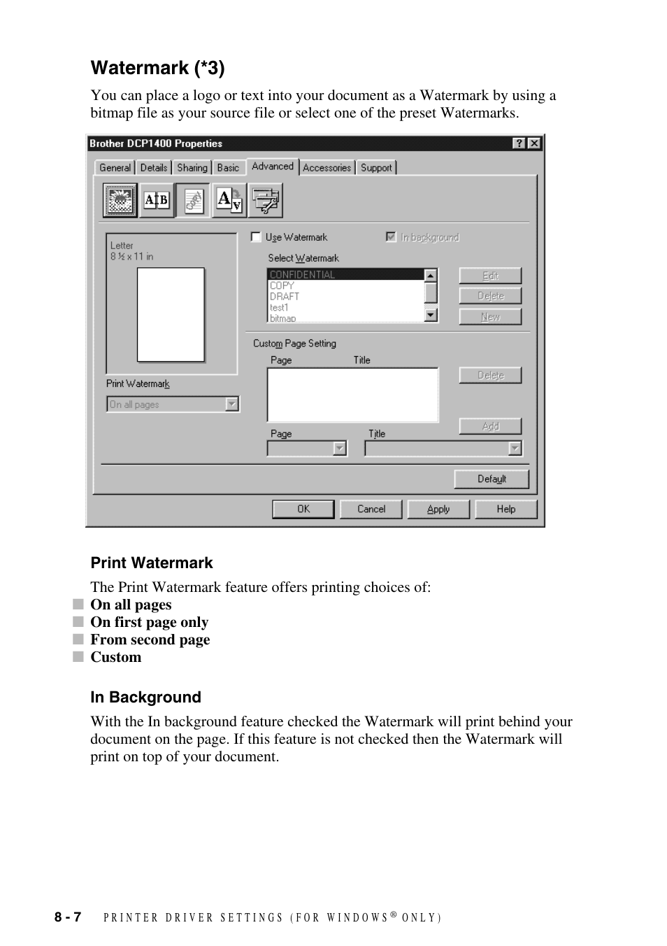 Watermark (*3), Print watermark, In background | Watermark (*3) -7, Print watermark -7 in background -7 | Brother DCP-1400 User Manual | Page 66 / 147