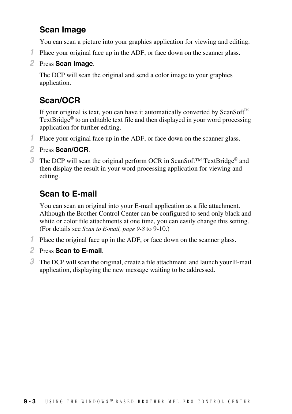 Scan image, Scan/ocr, Scan to e-mail | Scan image -3 scan/ocr -3 scan to e-mail -3 | Brother DCP-1400 User Manual | Page 82 / 147