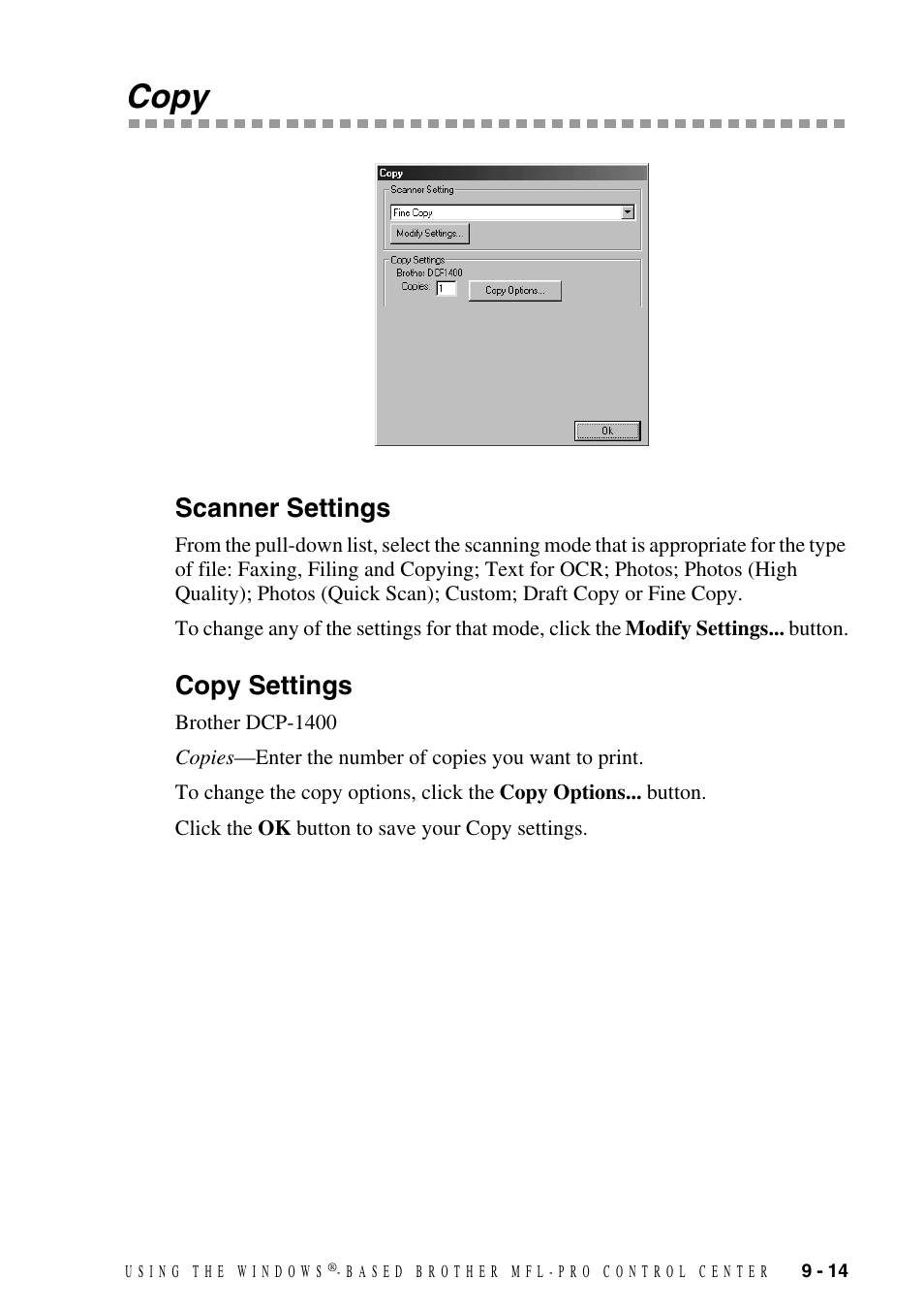 Copy, Scanner settings, Copy settings | Copy -14, Scanner settings -14 copy settings -14 | Brother DCP-1400 User Manual | Page 93 / 147