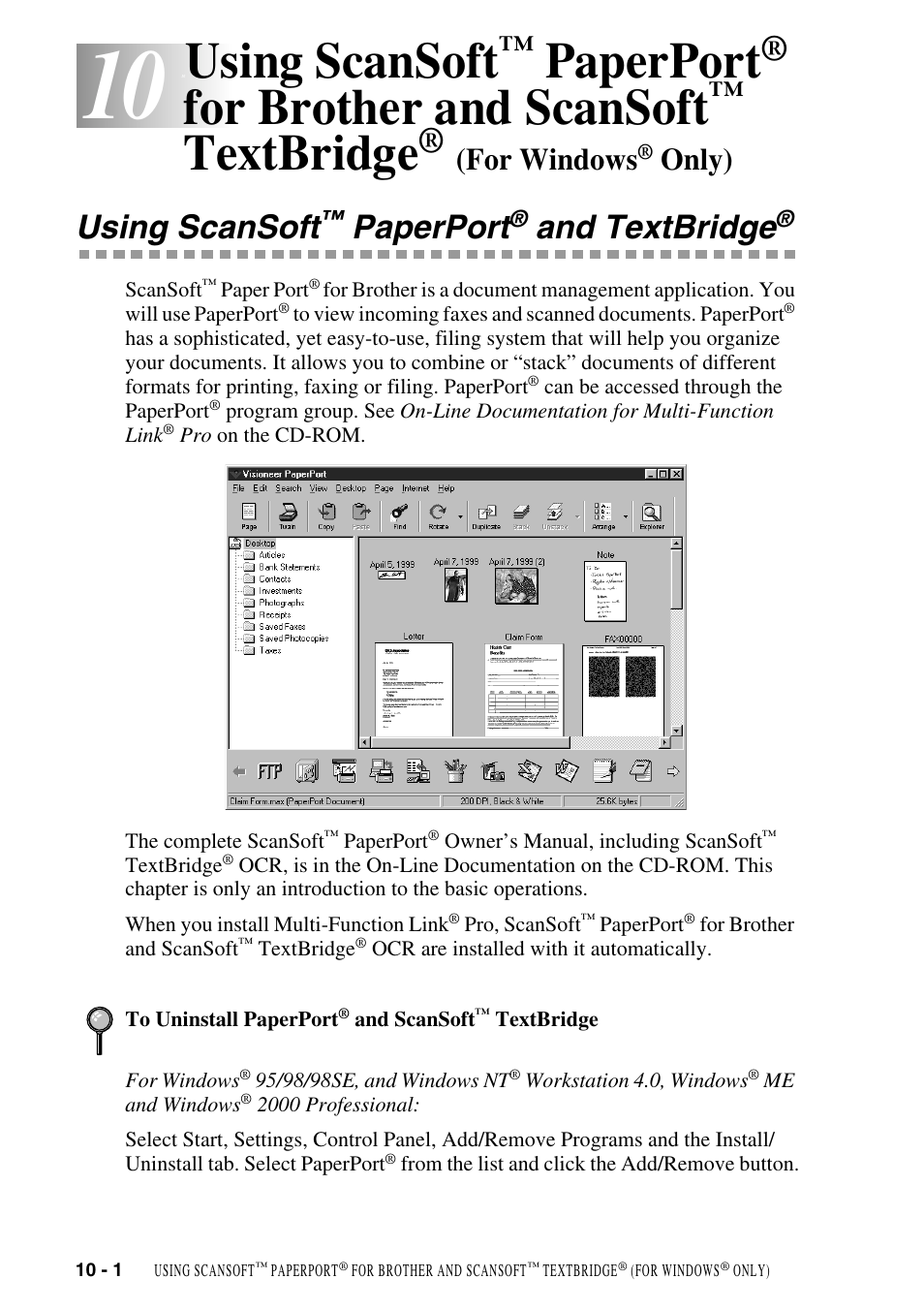 Using scansoft™ paperport® and textbridge, Using scansoft, Paperport | For brother and, Scansoft, Textbridge, For windows, Only) -1, And textbridge, For brother and scansoft | Brother DCP-1400 User Manual | Page 94 / 147