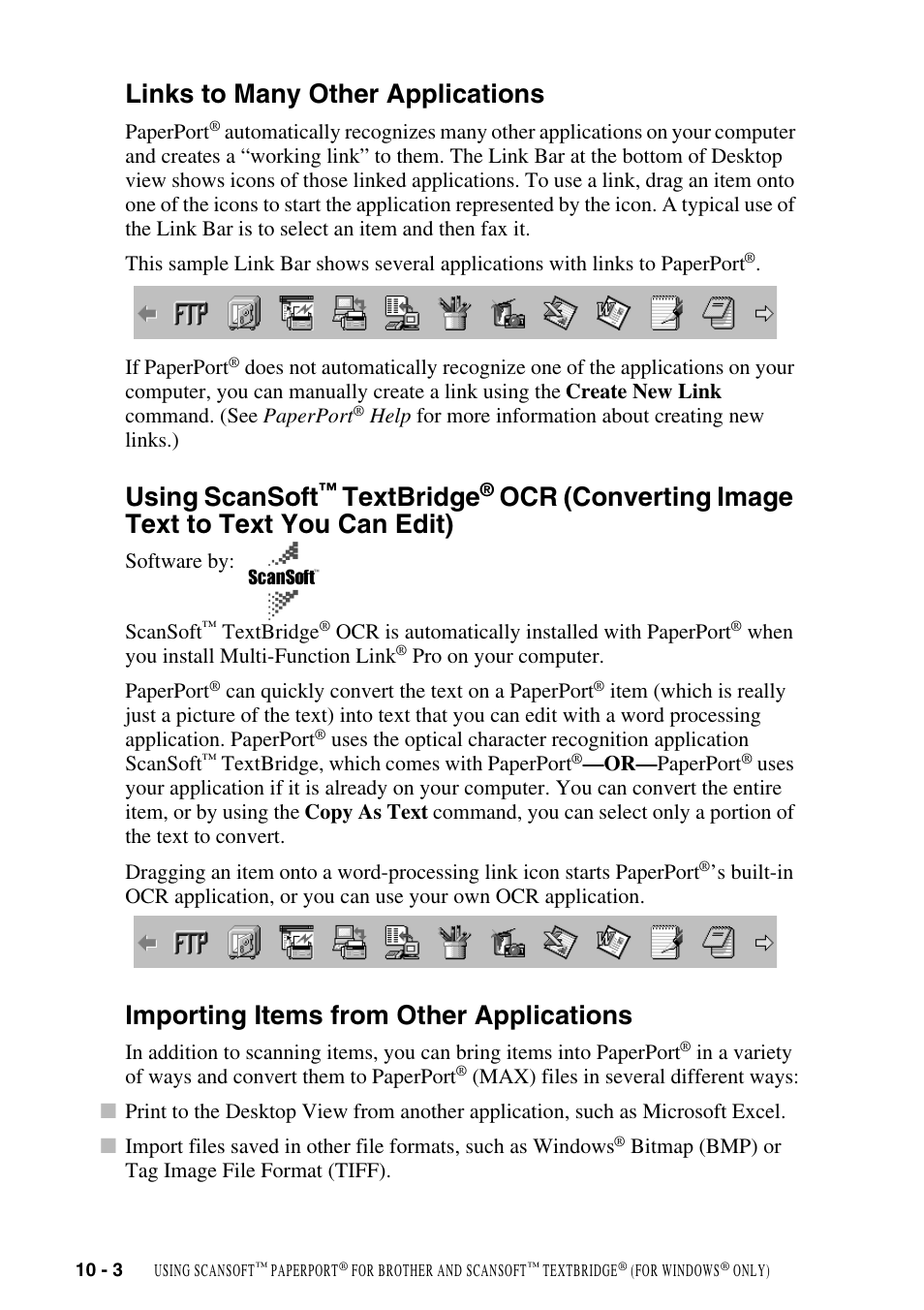 Links to many other applications, Importing items from other applications, Links to many other applications -3 using scansoft | Textbridge, Converting image text to text you can edit) -3, Importing items from other applications -3, Using scansoft, Ocr (converting image text to text you can edit) | Brother DCP-1400 User Manual | Page 96 / 147