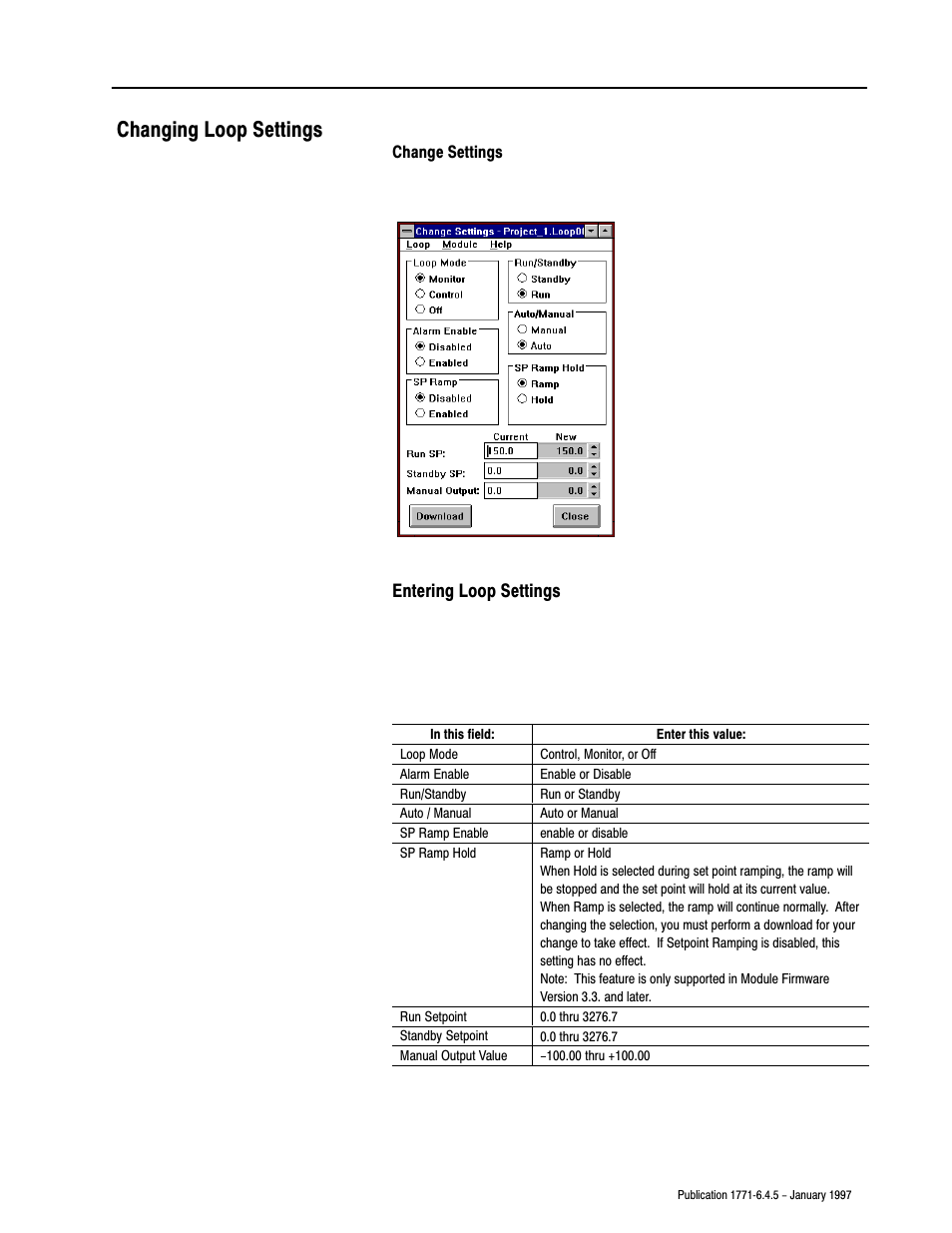 Changing loop settings, Entering loop settings | Rockwell Automation 1771-TCM TEMPERATURE CONTROL User Manual | Page 60 / 67