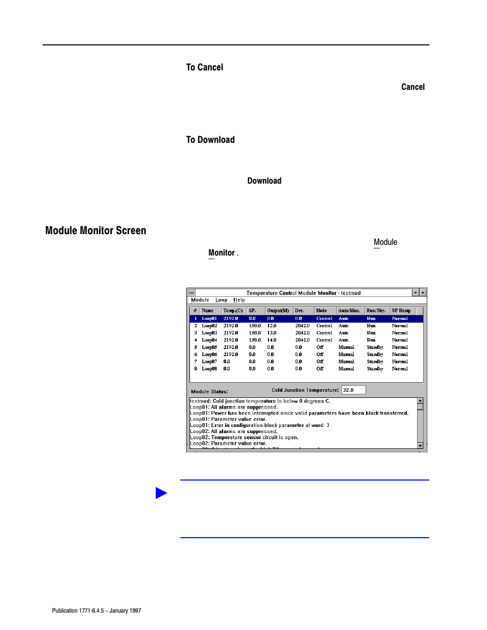 Module monitor screen | Rockwell Automation 1771-TCM TEMPERATURE CONTROL User Manual | Page 61 / 67