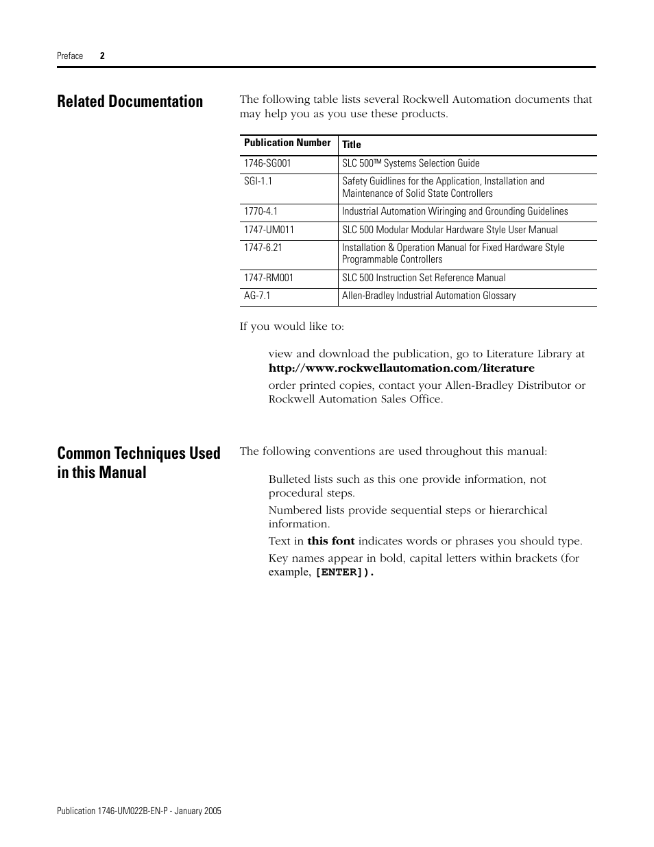 Related documentation, Common techniques used in this manual | Rockwell Automation 1746-NT8 SLC 500 Thermocouple/mV Analog Input Module User Manual User Manual | Page 10 / 110