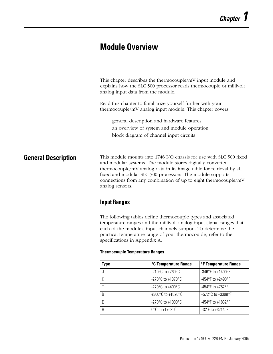 Module overview, General description, Chapter 1 | General description -1, Input ranges -1, Chapter, Input ranges | Rockwell Automation 1746-NT8 SLC 500 Thermocouple/mV Analog Input Module User Manual User Manual | Page 11 / 110