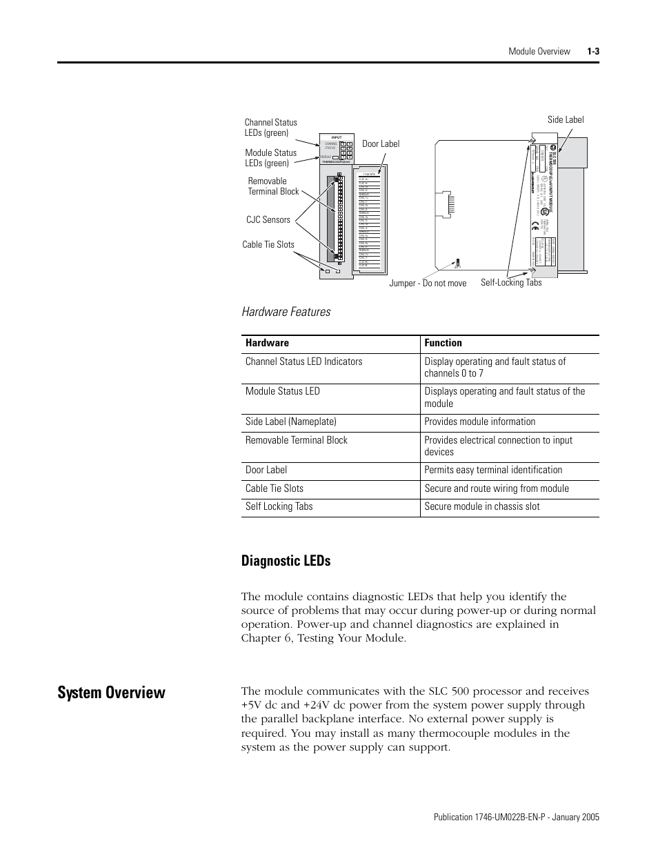 System overview, Diagnostic leds -3, System overview -3 | Diagnostic leds, Hardware features | Rockwell Automation 1746-NT8 SLC 500 Thermocouple/mV Analog Input Module User Manual User Manual | Page 13 / 110